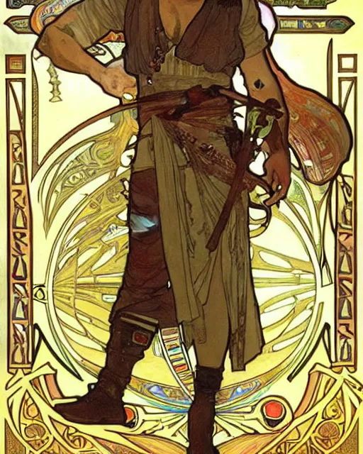 Prompt: fantasy concept art by alphonse mucha depicting colin farrell as an ancient egyptian rogue walking through a busy egyptian market