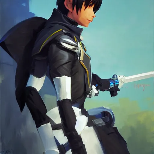 Image similar to greg manchess portrait painting of kirito as overwatch character, medium shot, asymmetrical, profile picture, organic painting, sunny day, matte painting, bold shapes, hard edges, street art, trending on artstation, by huang guangjian and gil elvgren and sachin teng