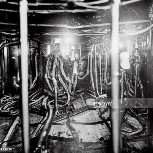 Image similar to old black and white photo, 1 9 1 3, depicting biomechanical aliens inside vats in a derelict tech lab, technicians in hazmat suits, historical record