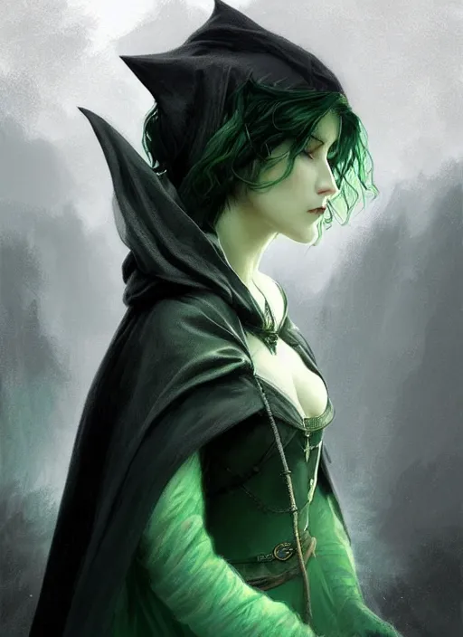 Prompt: side portrait dark witch with hood, adventurer outfit large cloak, fantasy forest landscape, moonshine, fantasy magic, undercut hairstyle, short green black fade hair, dark light night, intricate, elegant, sharp focus, illustration, highly detailed, digital painting, concept art, matte, art by WLOP and Artgerm and Greg Rutkowski and Alphonse Mucha, masterpiece