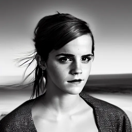 Image similar to Emma Watson by Annie Leibovitz, XF IQ4, 150MP, 50mm, f/1.4, ISO 200, 1/160s, natural light, Adobe Photoshop, Adobe Lightroom, DxO Photolab, Corel PaintShop Pro, rule of thirds, symmetrical balance, depth layering, polarizing filter, Sense of Depth, AI enhanced, HDR