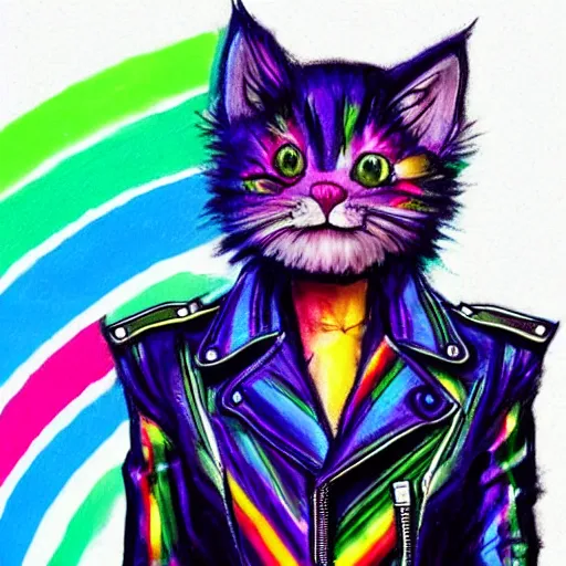 Image similar to wide angle full body, jacket wearing fluffy cute rainbow kitten wearing a black leather motorcycle jacket, concept art