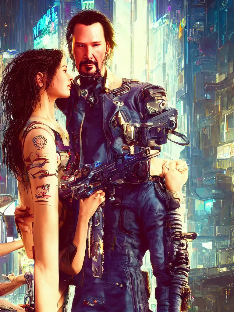 Image similar to a cyberpunk 2077 wedding couple portrait of Keanu Reeves and V in love story,pray,hug,hold,kiss,film lighting,by Lawrence Alma-Tadema,Andrei Riabovitchev,Laurie Greasley,Dan Mumford, John Wick,Speed,Replicas,artstation,deviantart,FAN ART,full of color,Digital painting,face enhance,highly detailed,8K,octane,golden ratio,cinematic lighting, no extra heads, no extra people