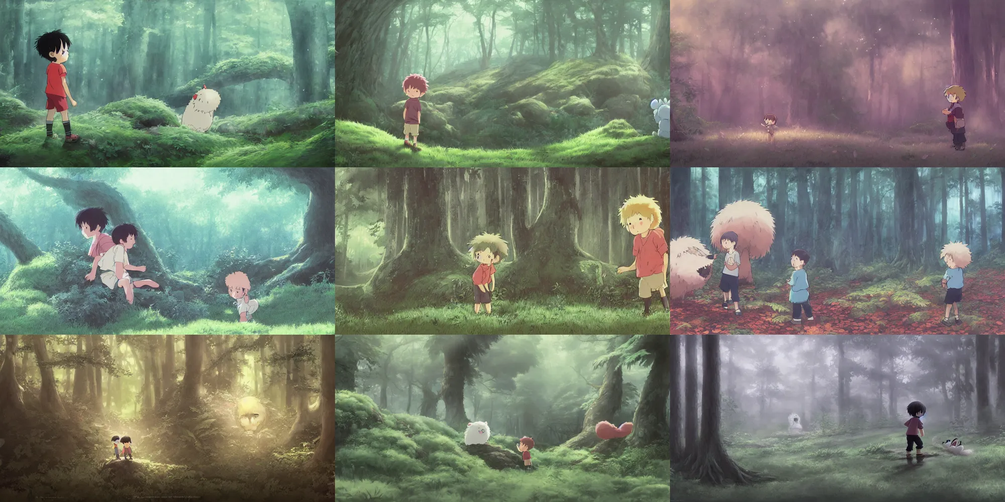 Prompt: a small boy discovers a giant cute fluffy monster in a misty forest, painting by studio ghibli, cgsociety
