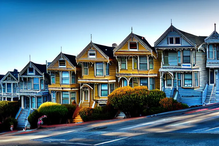 Image similar to typical San Francisco houses, award winning photograph, high exposure, golden hour, 15-30mm, panorama, autumn, car lights, photorealistic, 70's cars, 70's filter, shadows