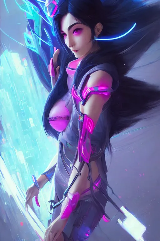 Image similar to irelia from league of legends, cyberpunk futuristic neon. flying blades in air, decorated with traditional japanese ornaments by ismail inceoglu dragan bibin hans thoma greg rutkowski alexandros pyromallis nekro rene maritte illustrated, perfect face, fine details, realistic shaded, fine - face, pretty face, masterpiece