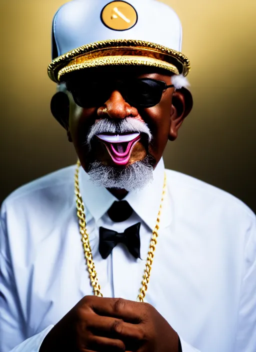 Prompt: dslr portrait still of colonel harland david sanders as a rapper with gold chains and gold teeth and a baseball cap that says kfc, 8 k, 8 5 mm, f 1. 8