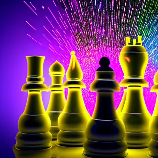 Prompt: a stunning 3 d simulation of a white chess piece exploding with colorful laserbeams, black background, 4 k