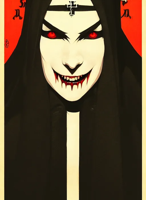 Image similar to scary female vampire nun, symmetrical face, evil grin, nun outfit, portrait size, cinematic, dramatic, super detailed and intricate, by koson ohara, by darwyn cooke, by greg rutkowski, by satoshi kon