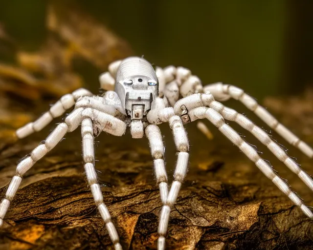 Image similar to photo of a white terminator spider with biomechanical cybernetic body with antennas and visor cogs and gears and components in the forest. cyberpunk horror style. highly detailed 8 k. intricate. nikon d 8 5 0 5 5 mm. award winning photography.