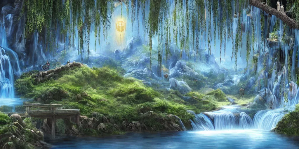 Prompt: Ancient chinese background on mountain with waterfalls, willow trees, arch bridges. Blue and cool background. Realistic paint, specular light, high contrast, highly detailed, 4k, shallow depth of field, cinematic light, concept art, artstation