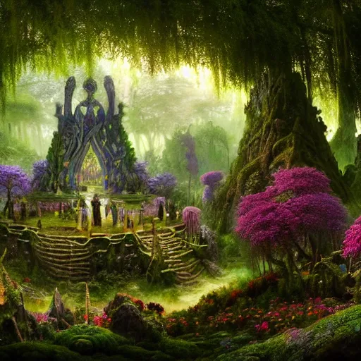 Prompt: a beautiful and highly detailed matte painting of a lost celtic elven temple in a magical fantasy garden in a lush forest, colorful flowers, psychedelic patterns, epic scale, insanely complex, hyperdetailed, sharp focus, hyperrealism, artstation, cgsociety, 8 k, bright colors, by caspar friedrich, albert bierstadt, james gurney, brian froud,