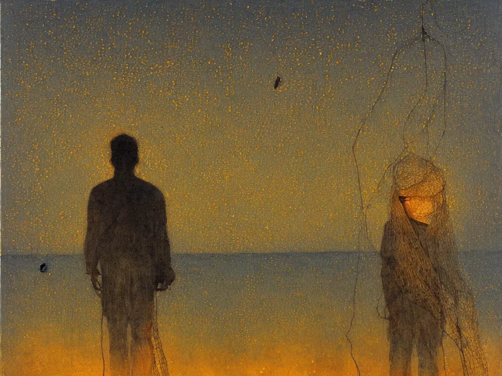 Image similar to painting by mikalojus konstantinas ciurlionis. portrait of fisherman with net at night with fireflies