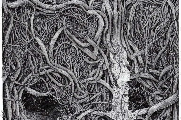 Image similar to an eerie insanely detailed forest of the soul, eyes of strange creatures hiding in the dark waiting to devour, snakes and vines and cobwebs and old trees, a glimpse of hope, ink and ballpoint, inspired by claire scully and evan cagle and simon prades