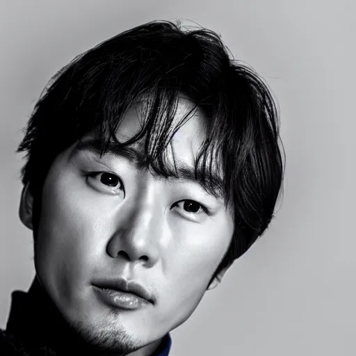 Image similar to a close up photographic portrait of a handsome korean actor wearing wet weather gear looking worried taken by annie leibowitz. cinematic lighting, blue background colour, 5 0 mm, subsurface scatter.