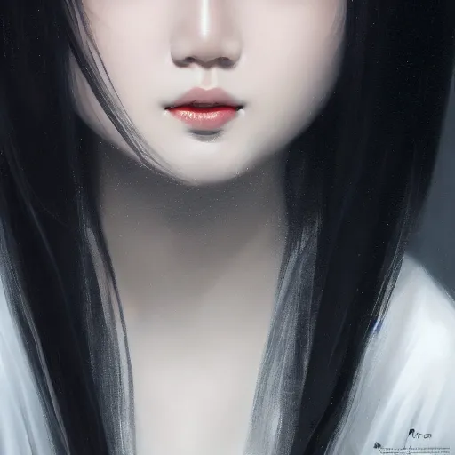 Image similar to Asian girl, watery black eyes, long wavy black hair, white veil, front closeup, highly detailed, centered, oil painting, artstation, professional portrait by WLOP