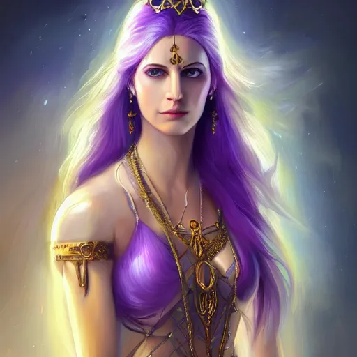 Prompt: a beautiful realistic painting of queen of swords, goddess of the city, symetric visage, swords in both hands, purple hair, golden ratio, intricate, elegant, highly detailed, digital painting, artstation, 8 k,