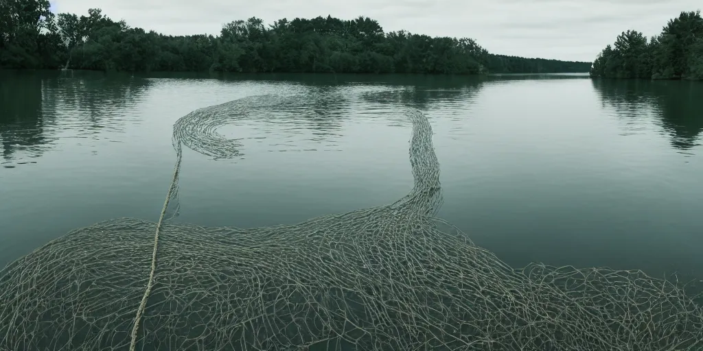 Prompt: centered photograph of a long single rope zig zagging snaking across the surface of the water into the distance, floating submerged stretching out towards the center of the lake, a dark lake on a cloudy day, color film, trees in the background, hyper - detailed photo, anamorphic lens