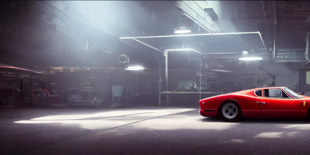 Image similar to a wholesome animation key shot of a focused old ferrari car in a car park, close shot, studio Ghibli, Pixar and Disney animation, sharp, very detailed, high resolution, Rendered in Unreal Engine 5, anime key art by Greg Rutkowski, Bloom, dramatic lighting