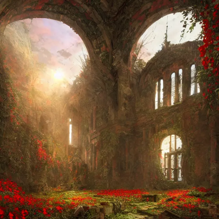 Prompt: a interior photo of a ruined church with a lot of red flowers growing inside at sunset, godrays, complementary colors, concept art, DeviantArt, Ferdinand Knab, beautiful, 8K,highly detailed, high quality