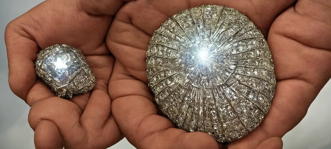 Prompt: Close up brightly lit palm of hand holding extremely large diamond that contains a civilization, intricate details, wonderous, imagine, award winning