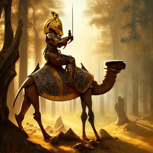 Image similar to photo of a humanoid camel dressed in armor with a golden helmet on the head, hold sword in the forest, highly detailed, digital painting, artstation, smooth, sharp focus, illustration, art by artgerm and greg rutkowski and alphonse mucha