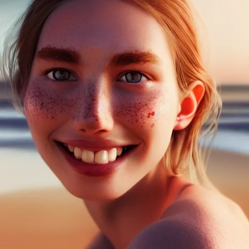 Image similar to beautiful serene intricate portrait of a cute thin young woman, red blush, cute freckles, smug smile, modern clothes, relaxing on the beach, golden hour, close up shot, soft focus, 8 k, art by irakli nadar, hyperrealism, hyperdetailed, ultra realistic