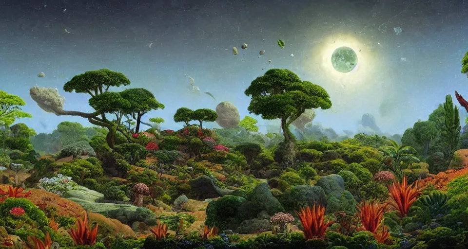 Prompt: a landscape on the moon with many craters, a beautiful flowering garden, birds, a lot of exotic vegetations, trees, intricate detaild, pale colors, 8 k, in the style of martin johnson heade and roger dean