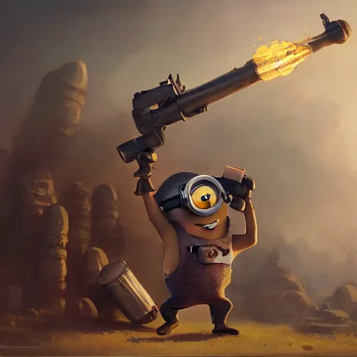Prompt: cute minion holding a rocket launcher, illustrated by greg rutkowski and gaston bussiere, serious lighting, dramatic amtosphere, war - art style, photorealistic imagery, trending on artstation, 4 k, 8 k