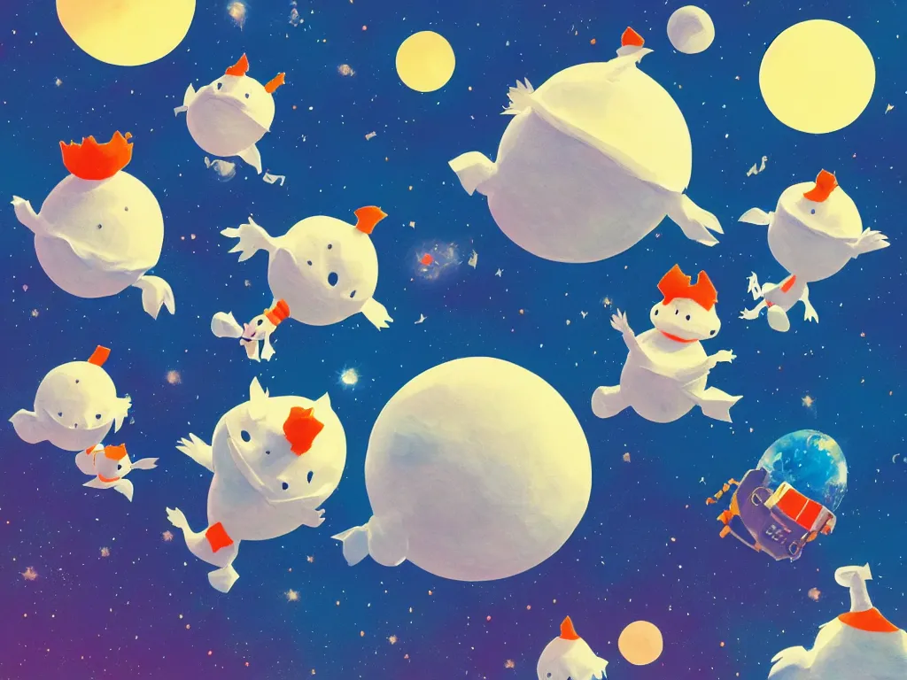 Image similar to the moomins in space, looking cute, illustration, warm colors, fluffy, cozy, hyperrealistic, low light, volumetric light, smooth, trending on artstation