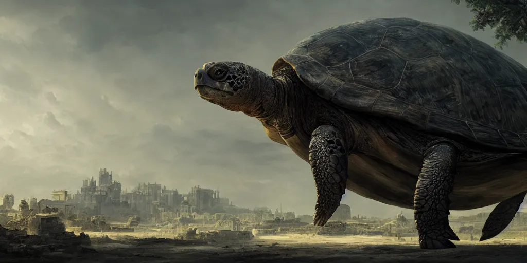 Image similar to huge ancient turtle with an abandoned city built on its shield, greg rutkowski, 8 k, shallow depth of field, intricate detail, concept art,