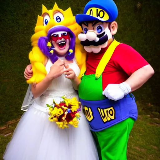 Image similar to Ultra HD photo of a Wario-themed wedding, bride and groom dressed as Wario and Waliuigi, all guests dressed up as Mario characters, award winning wedding photography, 8k resolution, extremely realistic