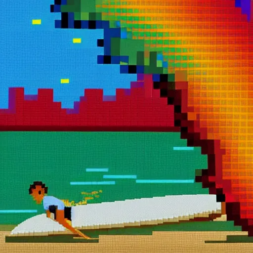 Image similar to a surfer. sun and sea. colorful. pixelart.