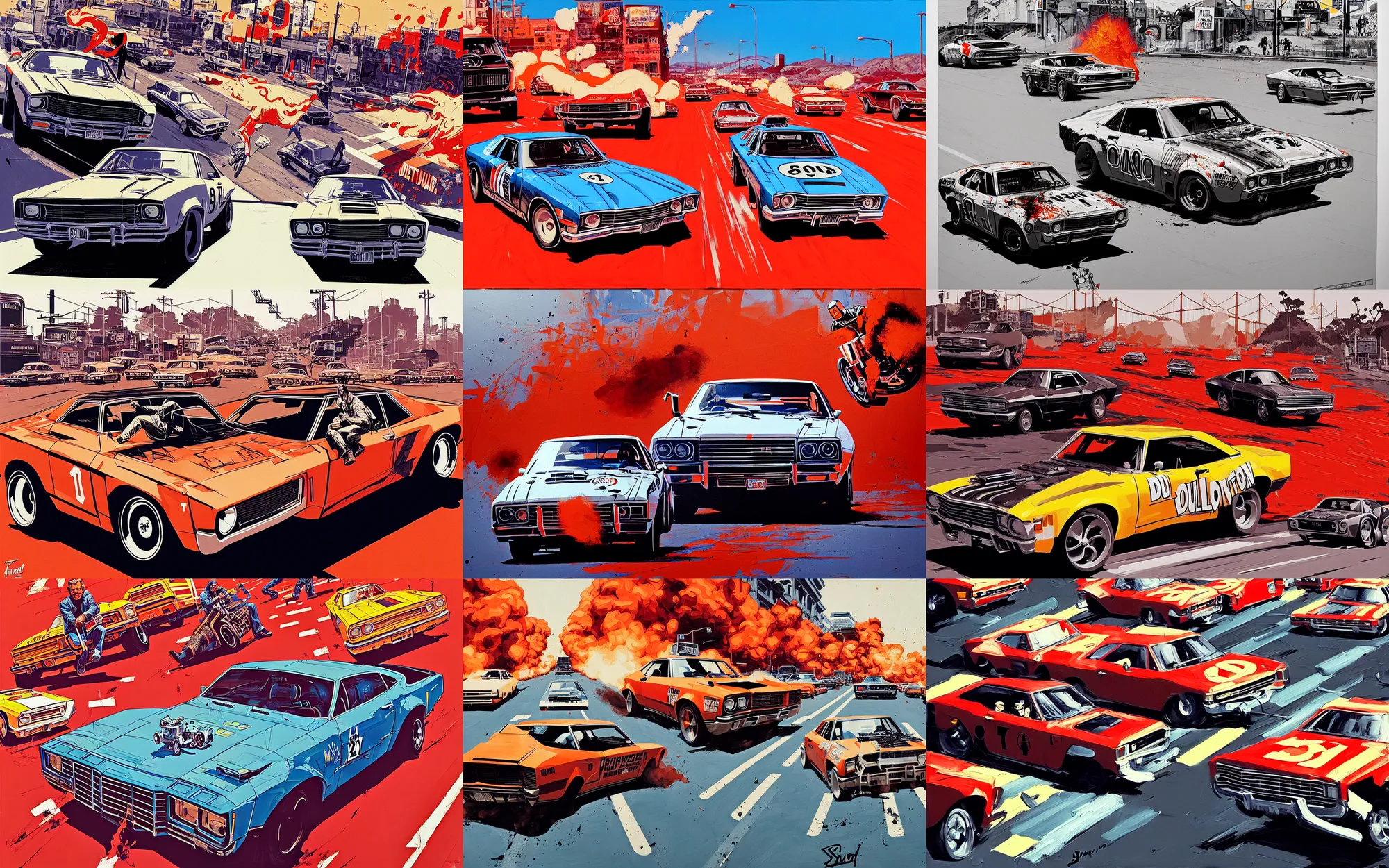 Prompt: a stunt driver racing steve mc queen as bullit through san francisco in 1 9 7 0, 3 point perspective, quentin tarantino action shot, painting by james jean, rust and dust and fire and dirt, very asphalt