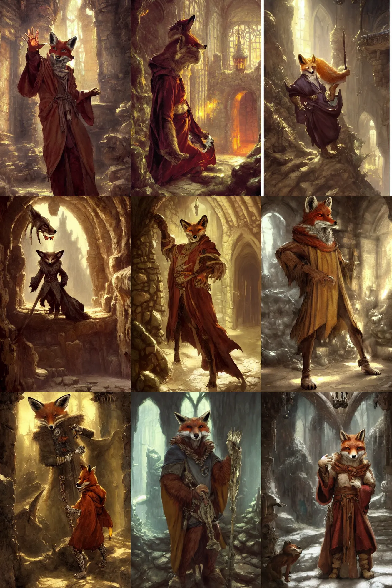 Prompt: an anthropomorphic fox man wearing robes in a dungeon, character illustration by disney, greg rutkowski, thomas kinkade, Howard Pyle, El Greco, Cynthia Sheppard