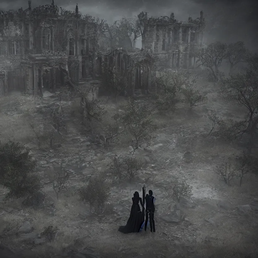 Image similar to A Gothic couple of jewels in an empty land, dark romance, dark and mysterious, atmospheric, ominous, eerie, cinematic, Epic, 8k, 4k, ultra detail, ultra realistic, rendered by awesomeness