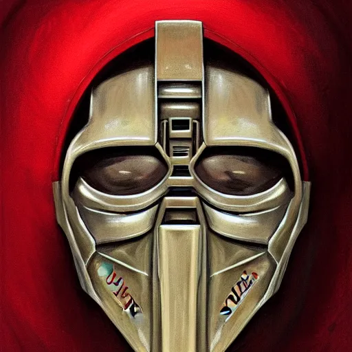 Image similar to portrait of mf doom, dr. doom metal steel mask, dark skin underneath. red t - shirt, beige complex background, intricate, elegant, highly detailed, digital painting, artstation, concept art, smooth, sharp focus, illustration, by anato finnstark, boissb - blanca. j, cindy avelino, clint cearley, anna podedworna