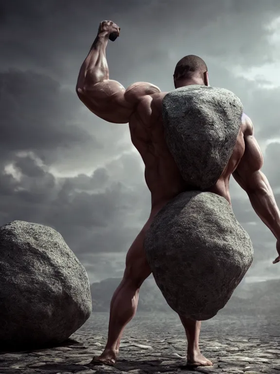 Image similar to a muscular man wearing torn clothes carrying a giant stone on his back, big beard, bold, hyperrealistic, concept art, octane render, unreal engine 5, trending on artstation, high quality, 8 k, anatomically correct, five fingers, digital art, symmetrical, low contrast, epic scene, cinematic, dramatic lighting, high coherence