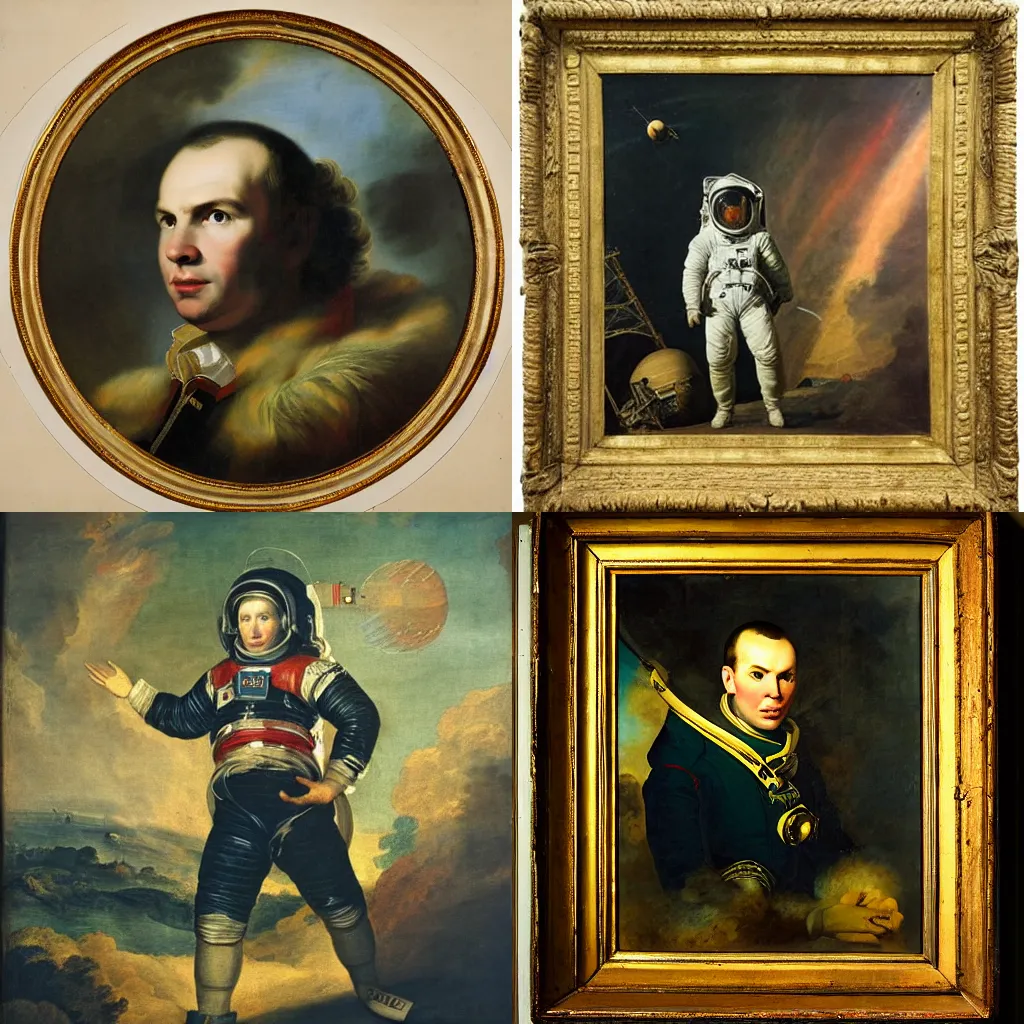 Prompt: 18th century historical painting representing Yury Gagarin first space flight, by Joshua Reynolds, Hermitage museum catalog photography,