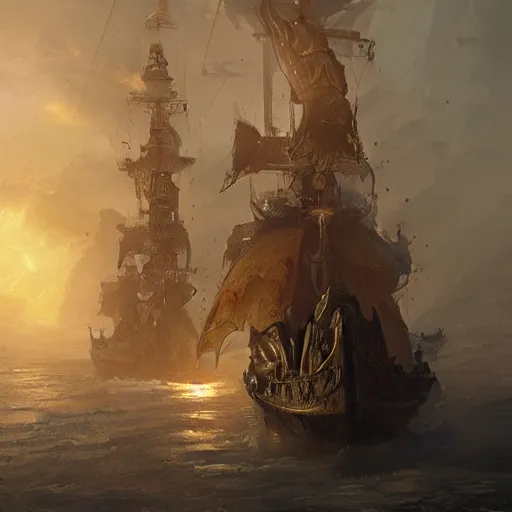 Prompt: detailed gold pirate ship by greg rutkowski, enigmatic atmosphere, beautiful and cinematic lighting, artstation hq.