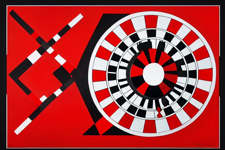 Image similar to gambling roulette machine, constructivism art, alexander rodchenko, red black white colors, surrealism, highly detailed, trending on artstation, 8 k