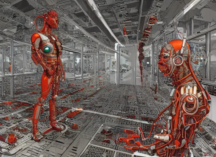 Prompt: cyborg in the data center, wired to the equipment and typing on the keyboard, red biomechanical details, wearing epic bionic cyborg implants, inflateble shapes, masterpiece, intricate, biopunk, highly detailed, artstation, concept art by frank miller geof darrow, 8 k