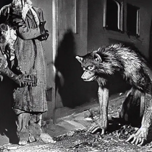 Image similar to film still of a werewolf asking for food in the wolf man 1 9 4 1