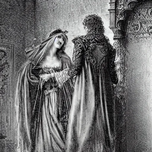 Image similar to a scene from romeo and juliet, high detail, illustration by gustave dore