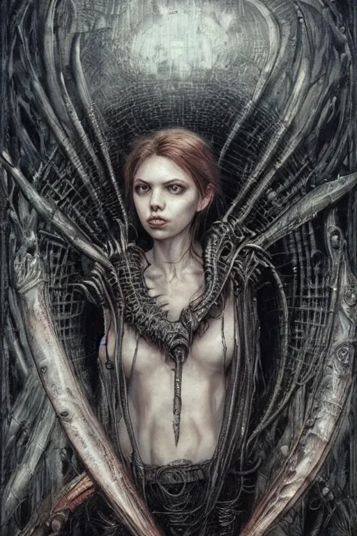 Image similar to portrait of hannah murray by hr giger, greg rutkowski, luis royo and wayne barlowe as a diablo, resident evil, dark souls, bloodborne monster