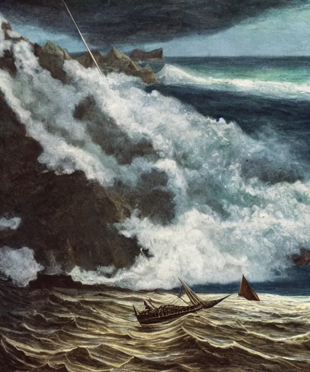 Prompt: photorealistic mixed - media of a 1 9 2 5 seiner sailing with the jamaican shoreline with the mouth of a sea cave at the waterline, dark, brooding, atmospheric, seascape, lovecraft, horror, smooth, epic, highly detailed, cinematic, by marianne north