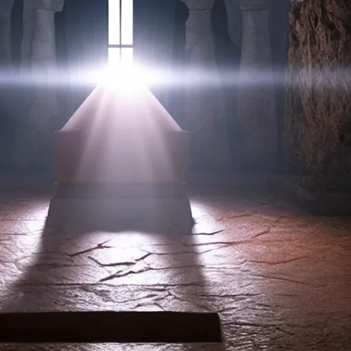 Image similar to cinematic still of the stone rolled away from Jesus's tomb, heavenly light coming from the opening, just before dawn, dynamic angles, miracle, magical, wondrous, Biblical epic movie directed by Peter Jackson