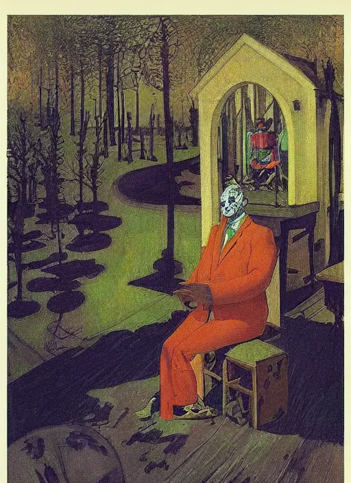 Prompt: clown at a funeral by Anton Bilibin, Edward Hopper and James Gilleard, Zdzislaw Beksinski highly detailed