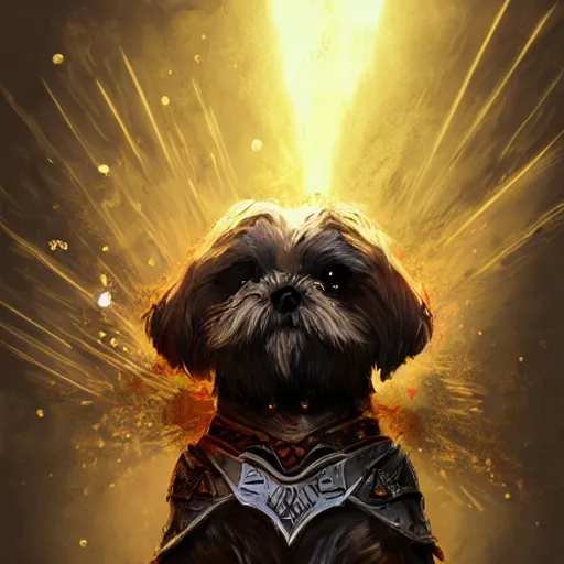 Image similar to shih tzu Dog, battle armour, Anthropomorphized, casting epic spell, magic the gathering artwork, D&D, fantasy, cinematic lighting, centered, symmetrical, highly detailed, digital painting, artstation, concept art, smooth, sharp focus, illustration, volumetric lighting, epic Composition, 8k, art by Akihiko Yoshida and Greg Rutkowski and Craig Mullins, heroic pose, oil painting, cgsociety, magic lab background