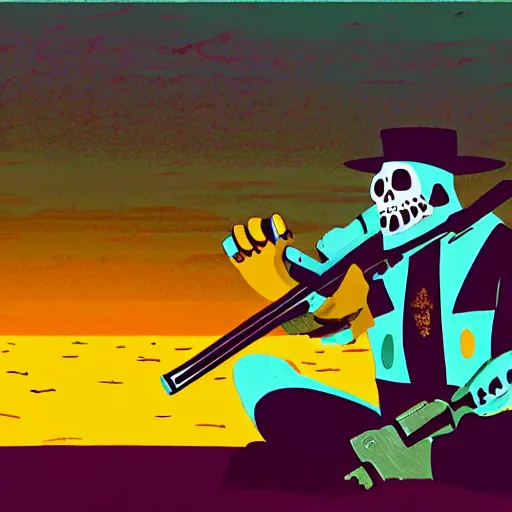 Image similar to manny calavera sitting with a rifle, in a cabin, on a lake, sunrise, grim fandango style,